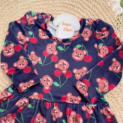  Inverno 2025 - Vestido em Plush Ursinhos e Cerejinhas - Marinho
